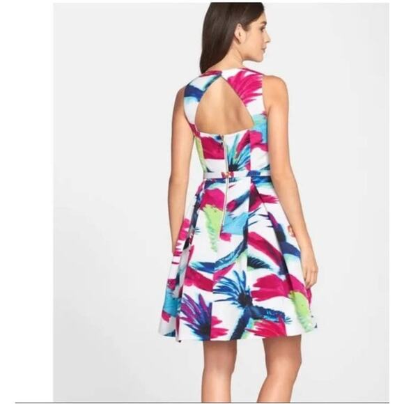 Eliza J Womens size 10 P Floral Bird Dress Belted Tulle Lined Cutout Fit & Flare - Picture 1 of 15